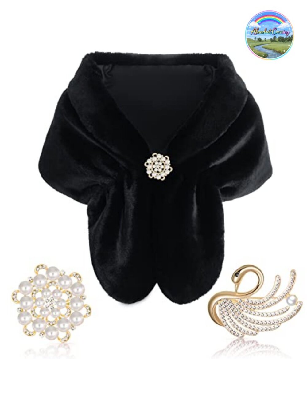 Faux Fur Shawl Wrap Women Bridal Stole Shrug Winter Scarf with Pearl Rhinestone